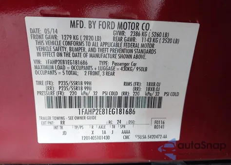 2014 Ford Taurus Sel из США, поврежденный, VIN 1FAHP2E81EG181686